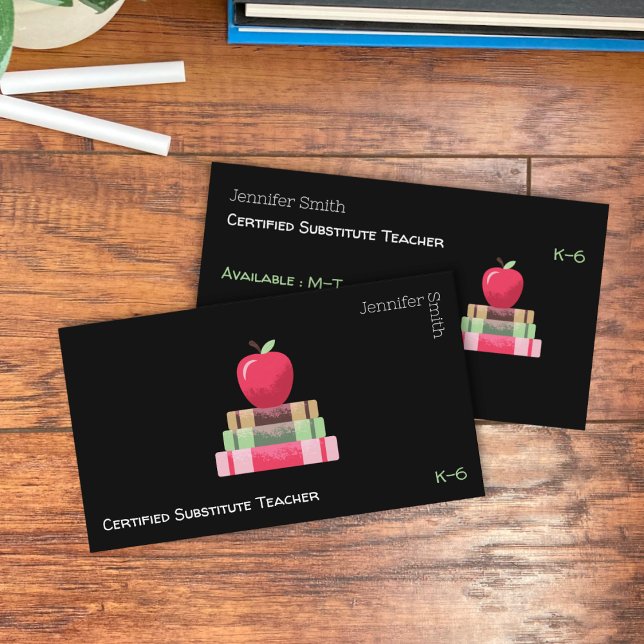 Red Apple Books Modern Tutor Black Business Card (Red apple on books educator black double-sided business cards)