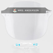 Red Apple Bookworm Teacher Name Chalkboard Stripe Face Shield (Front w/Glasses)