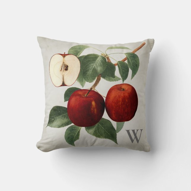 Red Apple Botanical Watercolor Monogrammed Initial Throw Pillow (Front)