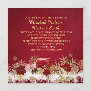 Red Apple Christmas Gold Snowflakes Wedding Invite