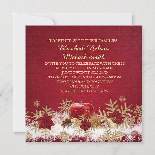 Red Apple Christmas Gold Snowflakes Wedding Invite
