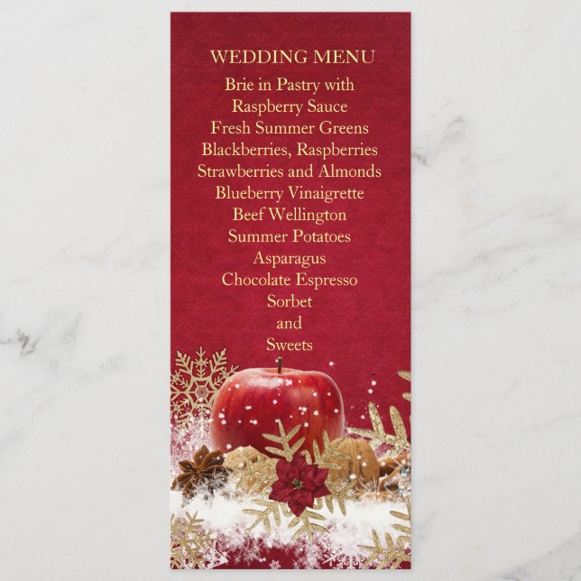 Red Apple Christmas Gold Snowflakes Wedding Menu (Front)