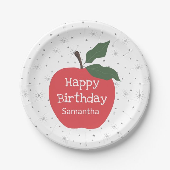 Red apple customize name happy birthday paper plates (Front)