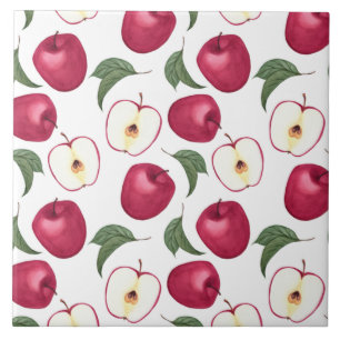 Red Apple Fruit and Apple Leaves Ceramic Tile