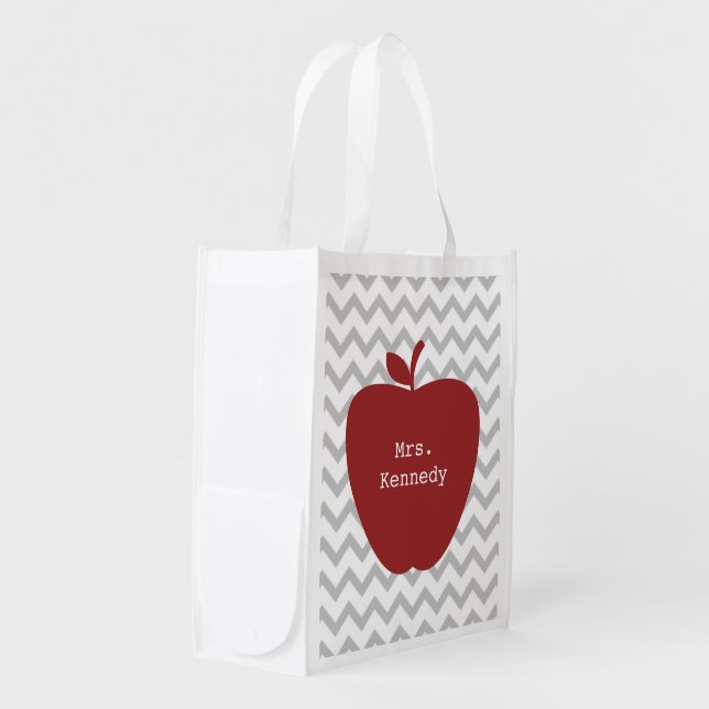 Red Apple Gray Chevron Teacher Grocery Bag (Front Side)