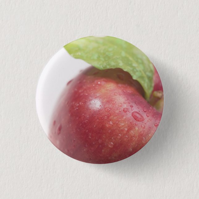Red Apple Green Leaf Pinback Button (Front)