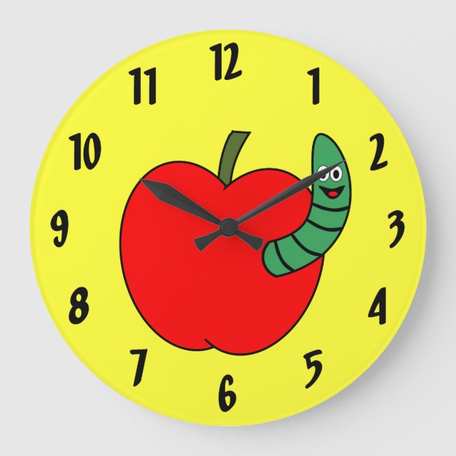 Red Apple Green Worm Large Clock (Front)