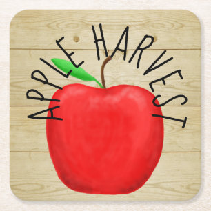 Red Apple Harvest Wooden Sign Paper Coaster