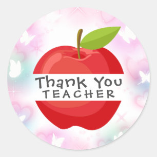 Red Apple Holographic Butterfly Thank You Teacher Classic Round Sticker