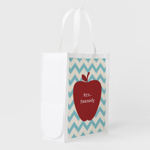 Red Apple Light Blue Chevron Teacher Reusable Grocery Bag