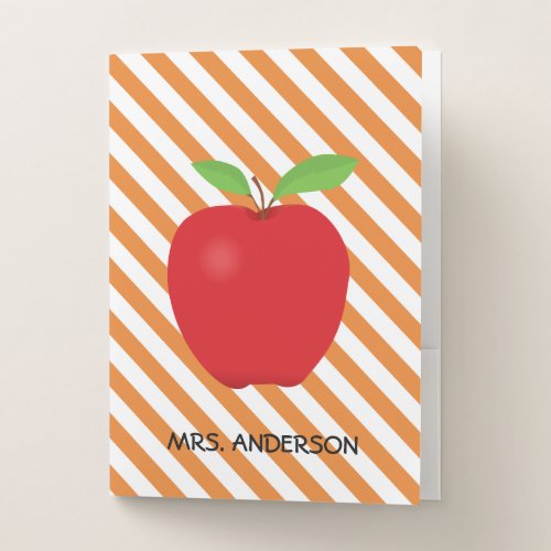 Red Apple Modern Stripes Teacher Classroom Pocket Folder - The design on this folder is perfect for any teacher. It features an orange diagonal stripe pattern with a graphic of a red apple and custom text for a teacher's name.