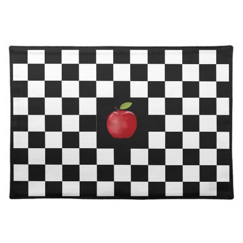 Red Apple on Black  White Checkered Cloth Placemat