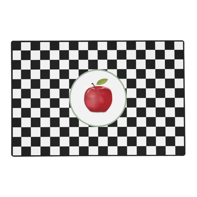 Red Apple on Black & White Checkered Placemat (Front)
