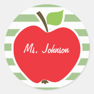 Red Apple on Laurel Green Horizontal Stripes Classic Round Sticker