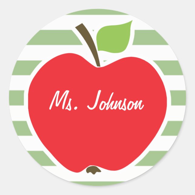 Red Apple on Laurel Green Horizontal Stripes Classic Round Sticker (Front)