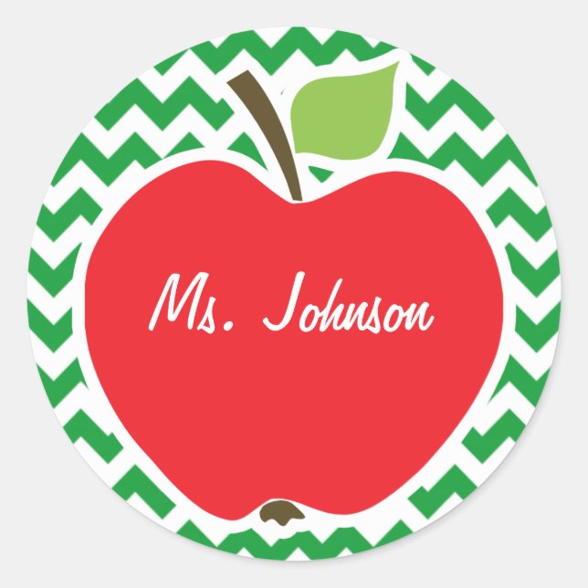 Red Apple on Retro Kelly Green Chevron Stripes Classic Round Sticker (Front)