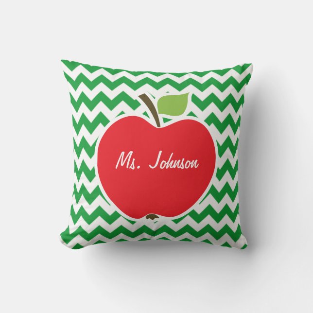 Red Apple on Retro Kelly Green Chevron Stripes Throw Pillow (Front)
