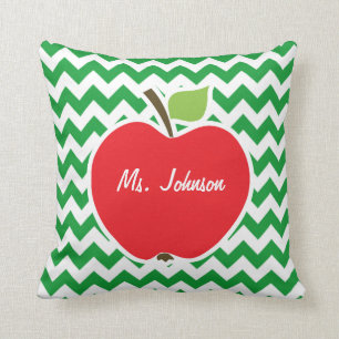 Red Apple on Retro Kelly Green Chevron Stripes Throw Pillow