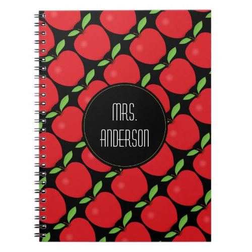 Red Apple Pattern, Teacher Notebook - This notebook design features a teacher theme with a red apple pattern as the background and a black circle offering custom text for the teachers name.