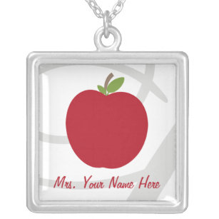 Red Apple Personalized Teacher Silver Plated Necklace
