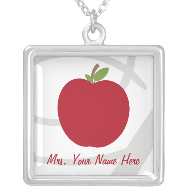 Red Apple Personalized Teacher Silver Plated Necklace (Front)