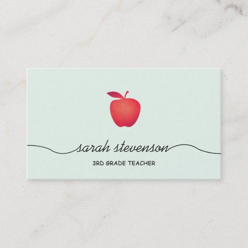 Red Apple School Teacher Simple Light Aqua Business Card