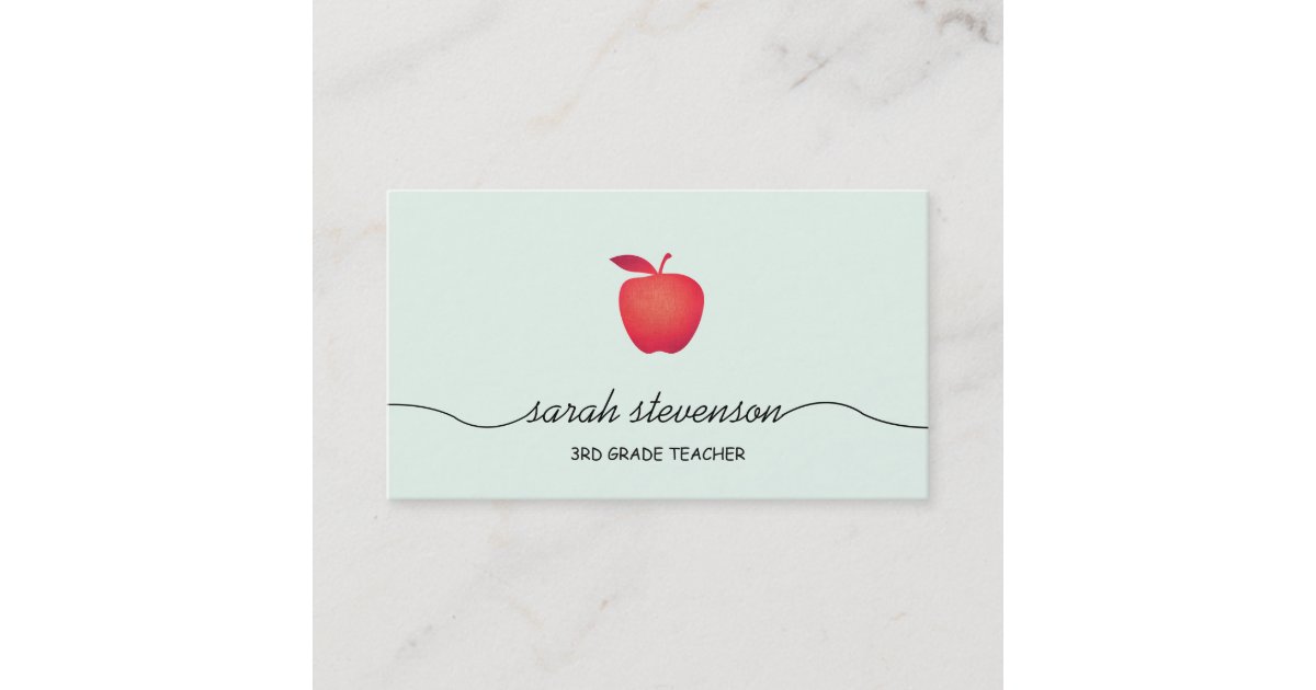 Red Apple School Teacher Simple Light Aqua Business Card | Zazzle