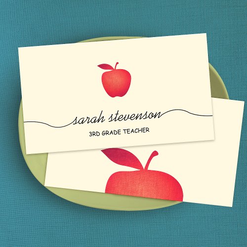 Red Apple School Teacher Simple Pale Yellow Business Card