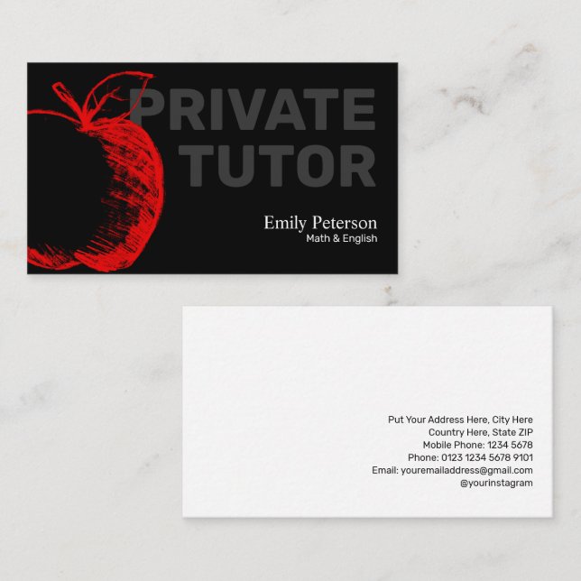 Red Apple Sketch Private Tutor Modern Black Business Card (Front/Back)