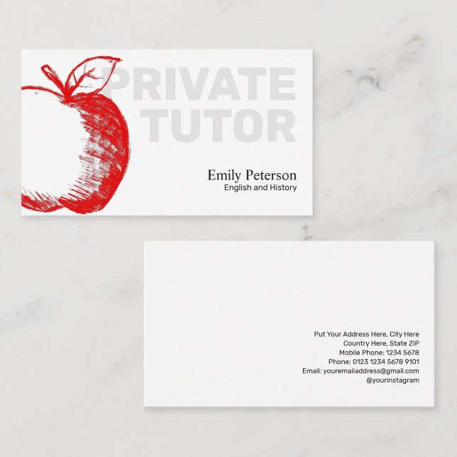 Red Apple Sketch Private Tutor Modern White Business Card (Front/Back)