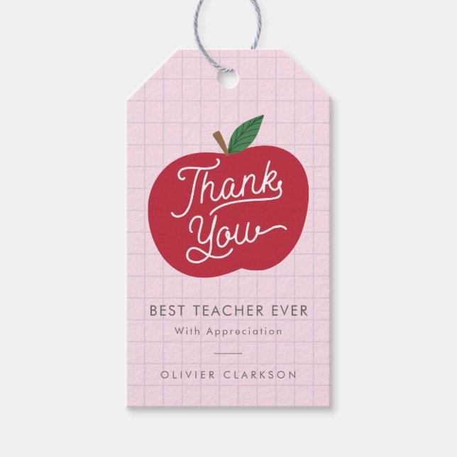 Red Apple Teacher Appreciation Pink Grid Gift Tag (Front)
