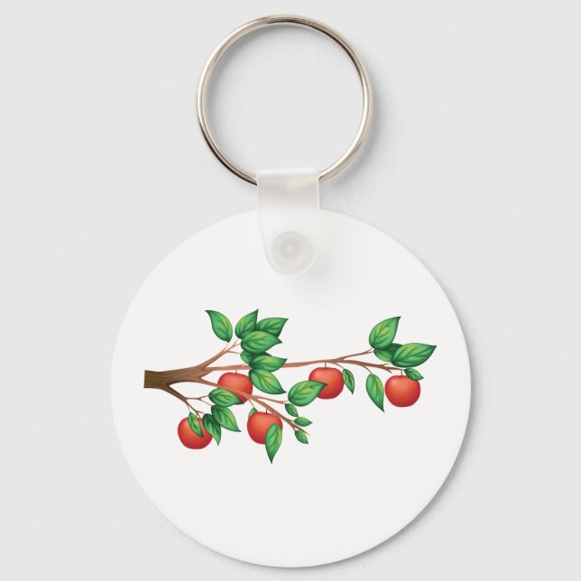 Red Apple Tree Branch Fresh Fruit and Green Leaves Keychain (Front)