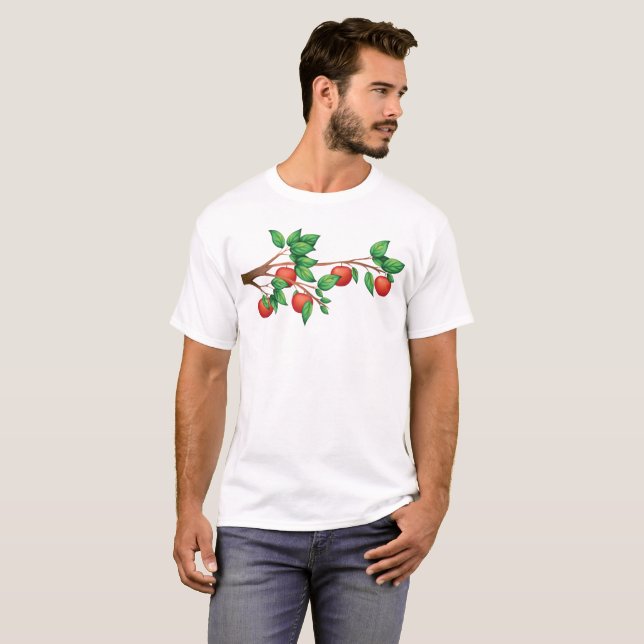 Red Apple Tree Branch Fresh Fruit and Green Leaves T-Shirt (Front Full)