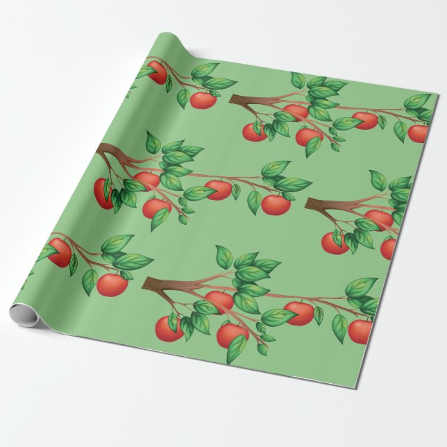 Red Apple Tree Branch Fresh Fruit and Green Leaves Wrapping Paper (Unrolled)