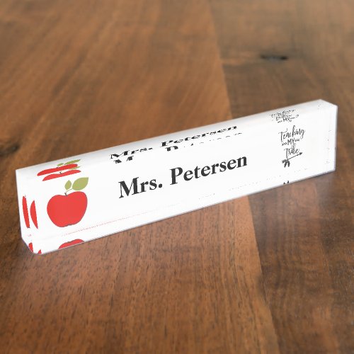 Red apple typography script funny teacher name plate