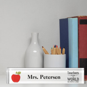 Red apple typography script quote teacher desk name plate