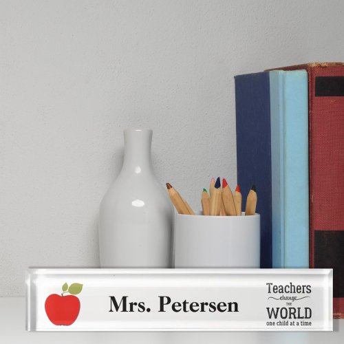 Red apple typography script quote teacher desk name plate
