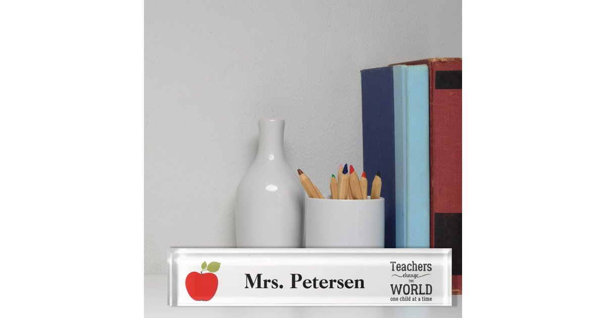 Red apple typography script quote teacher desk name plate | Zazzle