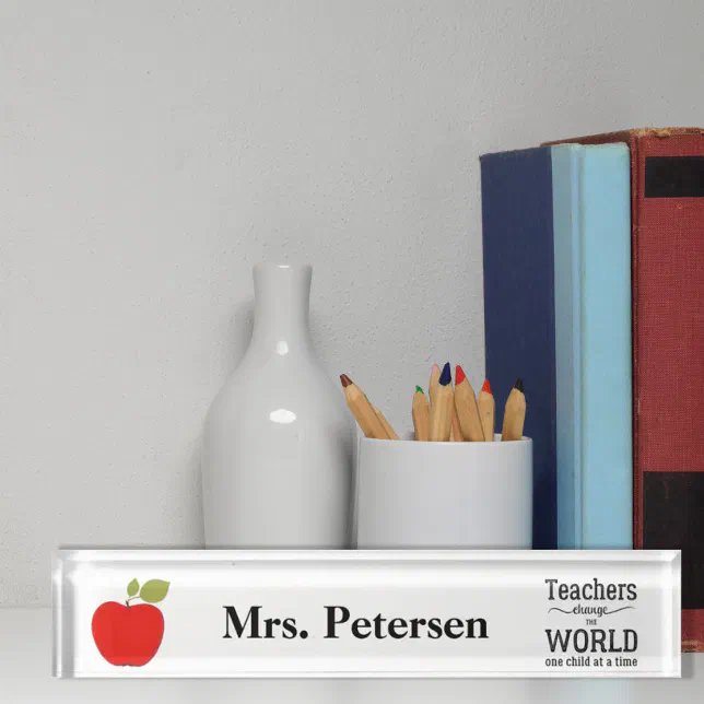 Red apple typography script quote teacher desk name plate | Zazzle