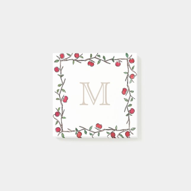Red Apple Vine Beige Monogram Post-it Notes (Front)