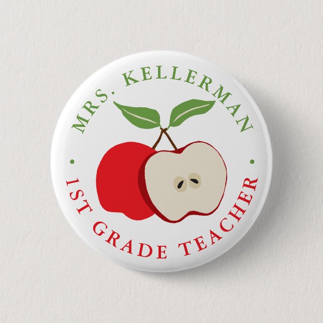 Red Apple with Teacher's Name and Grade Button (Front)