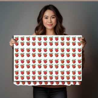 Red Apples and Green Leaves in Woodcut Pattern on Tissue Paper