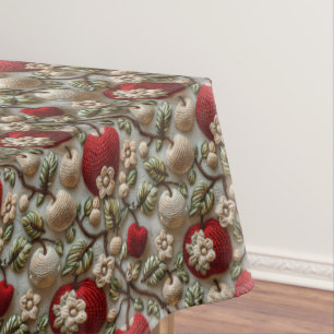 Red Apples and White Blossoms Faux Crochet Tablecloth