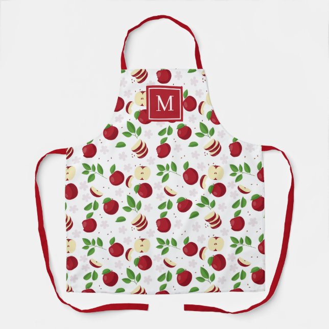 Red Apples, Blossoms Greenery Monogrammed Initial Apron (Front)