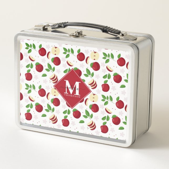 Red Apples, Blossoms & Greenery Pattern Metal Lunch Box (Front)