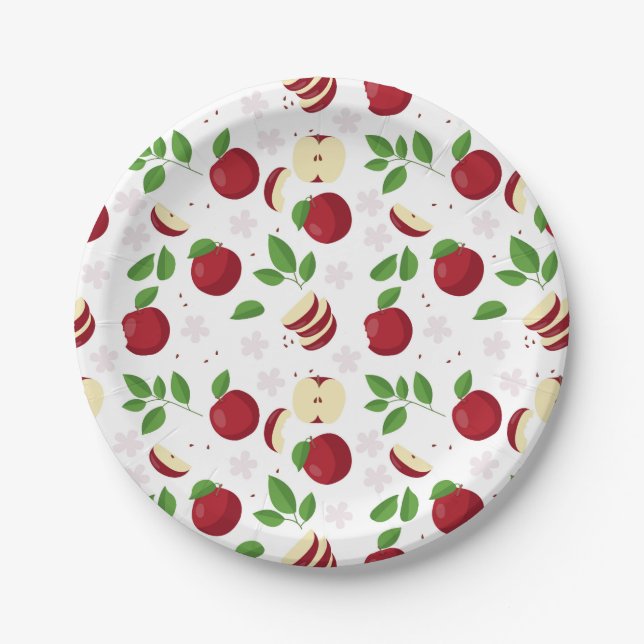 Red Apples, Blossoms & Greenery Pattern Paper Plates (Front)