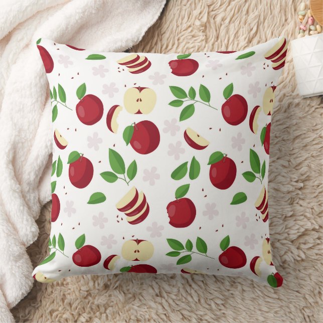 Red Apples, Blossoms & Greenery Pattern Throw Pillow (Blanket)