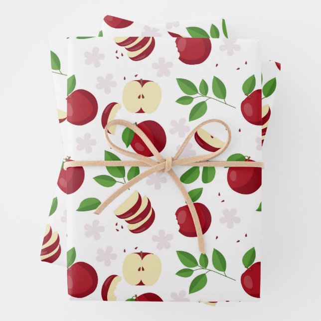 Red Apples, Blossoms & Greenery Pattern Wrapping Paper Sheets (In situ)