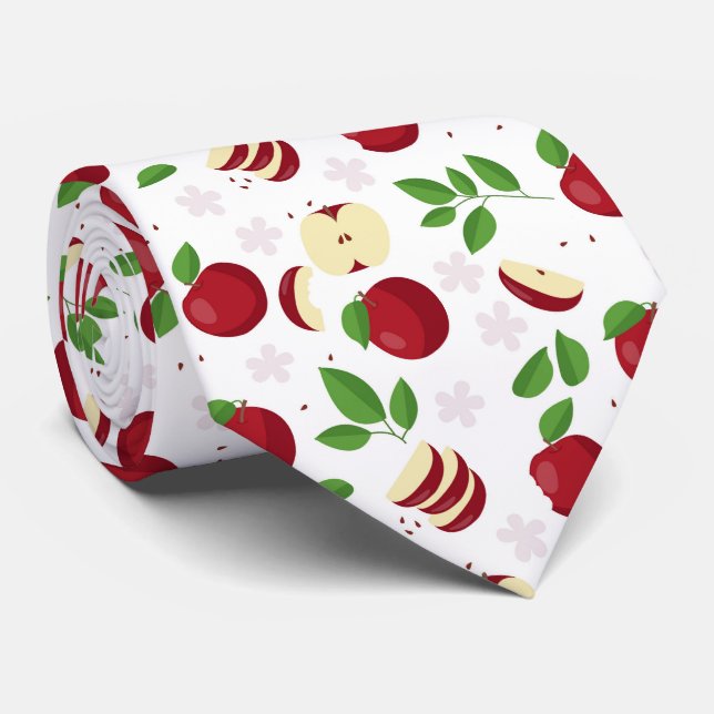Red Apples, Blossoms & Leaf Pattern Neck Tie (Rolled)