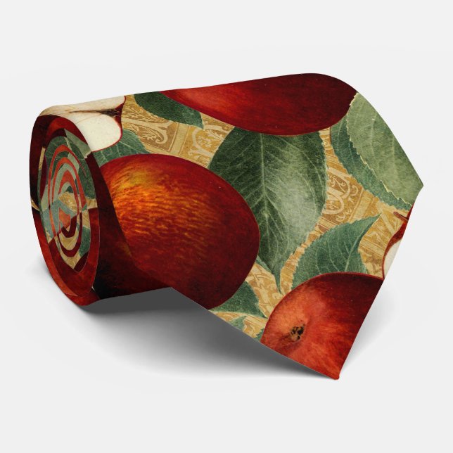 Red Apples Botanical Gold Alphabet Pattern Neck Tie (Rolled)